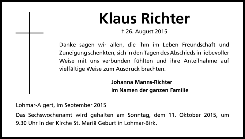  Traueranzeige für Klaus Richter vom 26.09.2015 aus Kölner Stadt-Anzeiger / Kölnische Rundschau / Express