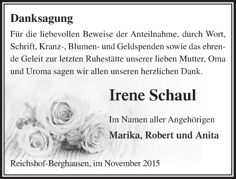  Traueranzeige für Irene Schaul vom 25.11.2015 aus  Anzeigen Echo 