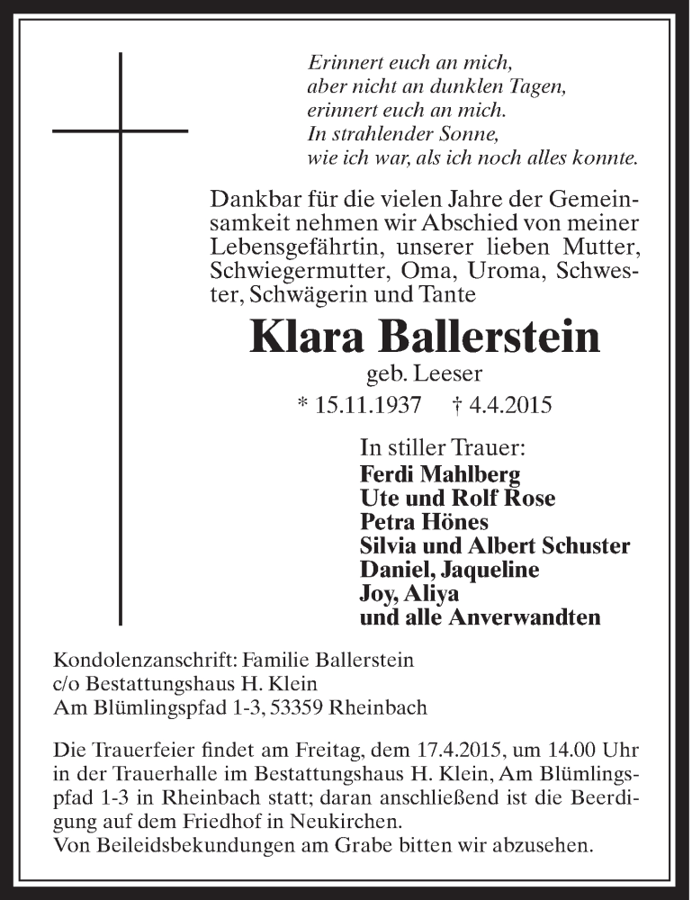  Traueranzeige für Klara Ballerstein vom 15.04.2015 aus  Schaufenster/Blickpunkt 
