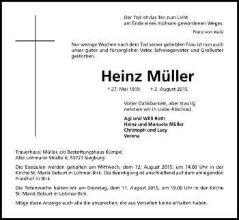 Anzeige von Heinz Müller von Kölner Stadt-Anzeiger / Kölnische Rundschau / Express