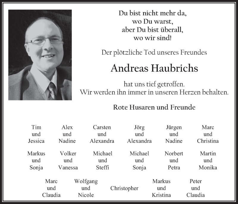 Traueranzeige für Andreas Haubrichs vom 14.10.2015 aus  Werbepost 