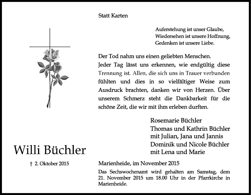  Traueranzeige für Willi Büchler vom 12.11.2015 aus Kölner Stadt-Anzeiger / Kölnische Rundschau / Express