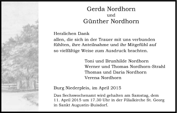 Anzeige von Günther und Gerda Nordhorn von Kölner Stadt-Anzeiger / Kölnische Rundschau / Express