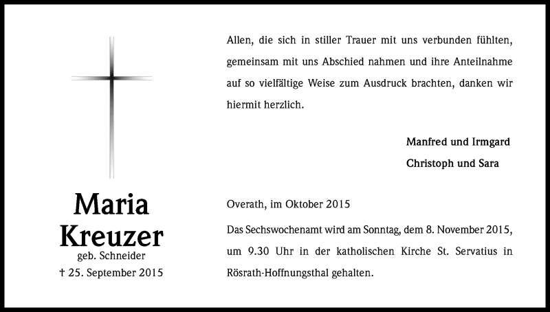  Traueranzeige für Maria Kreuzer vom 31.10.2015 aus Kölner Stadt-Anzeiger / Kölnische Rundschau / Express