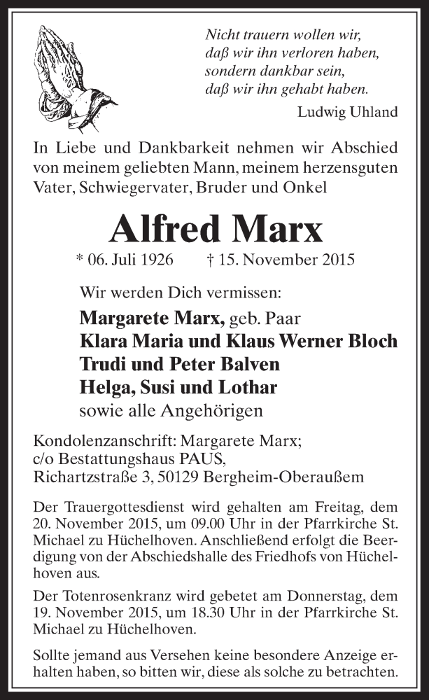  Traueranzeige für Alfred Marx vom 18.11.2015 aus  Werbepost 