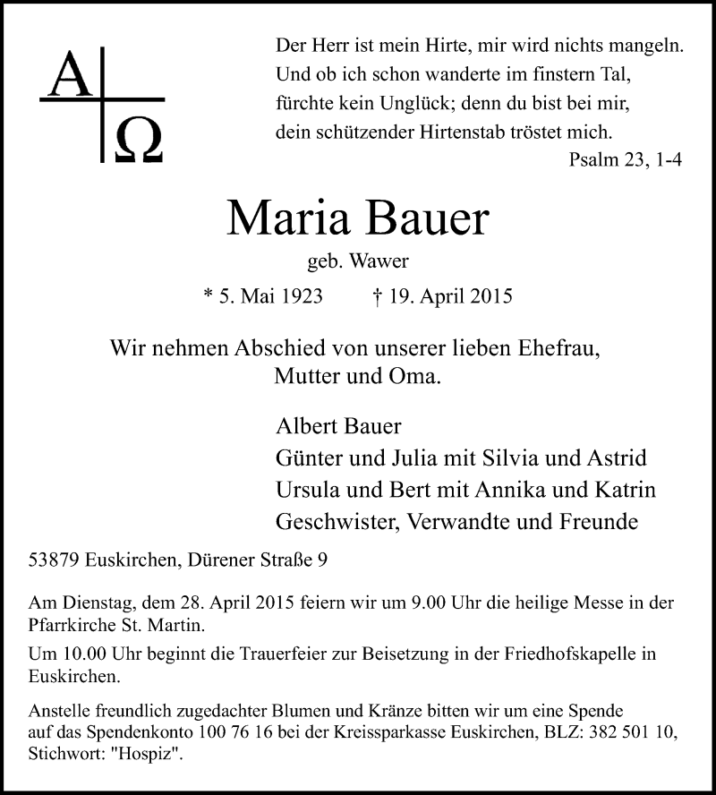  Traueranzeige für Maria Bauer vom 26.04.2015 aus  Blickpunkt Euskirchen 