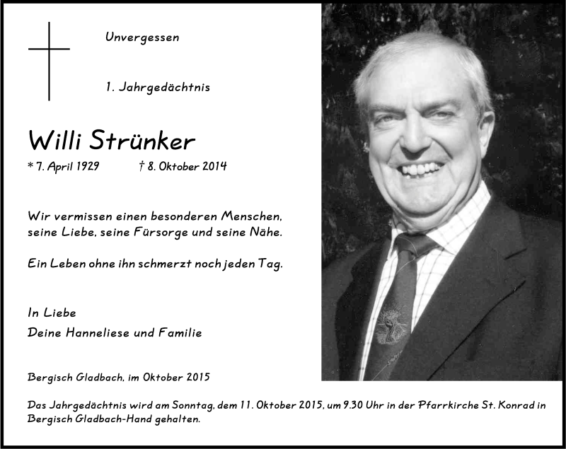  Traueranzeige für Willi Strünker vom 07.10.2015 aus Kölner Stadt-Anzeiger / Kölnische Rundschau / Express
