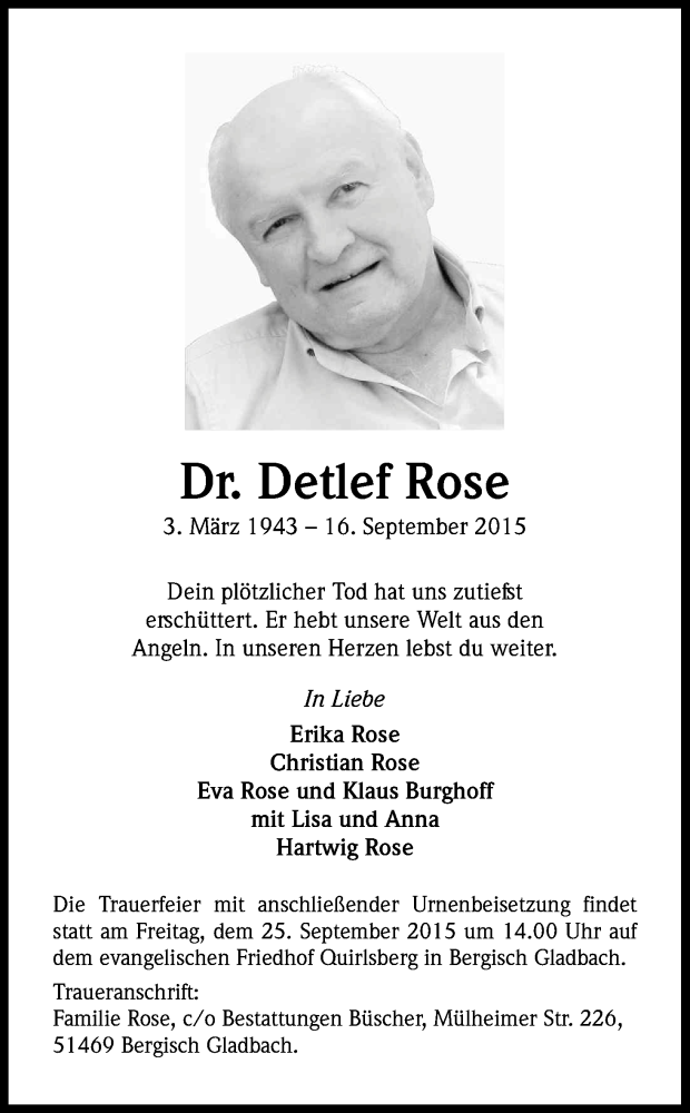  Traueranzeige für Detlef Rose vom 23.09.2015 aus Kölner Stadt-Anzeiger / Kölnische Rundschau / Express