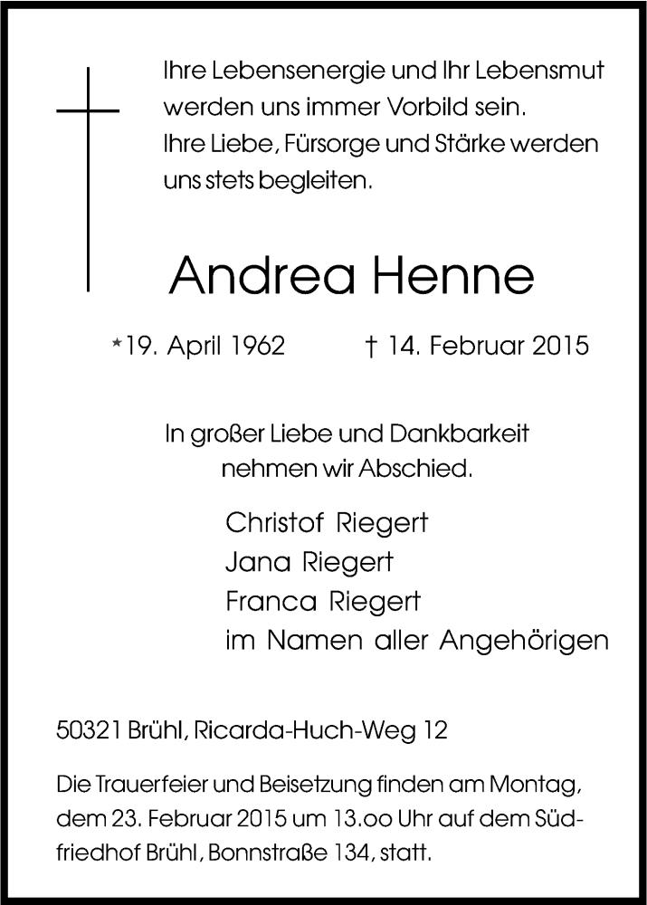  Traueranzeige für Andrea Henne vom 21.02.2015 aus Kölner Stadt-Anzeiger / Kölnische Rundschau / Express