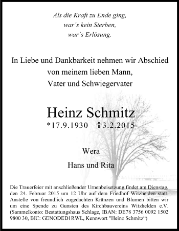 Anzeige von Heinz Schmitz von Kölner Stadt-Anzeiger / Kölnische Rundschau / Express
