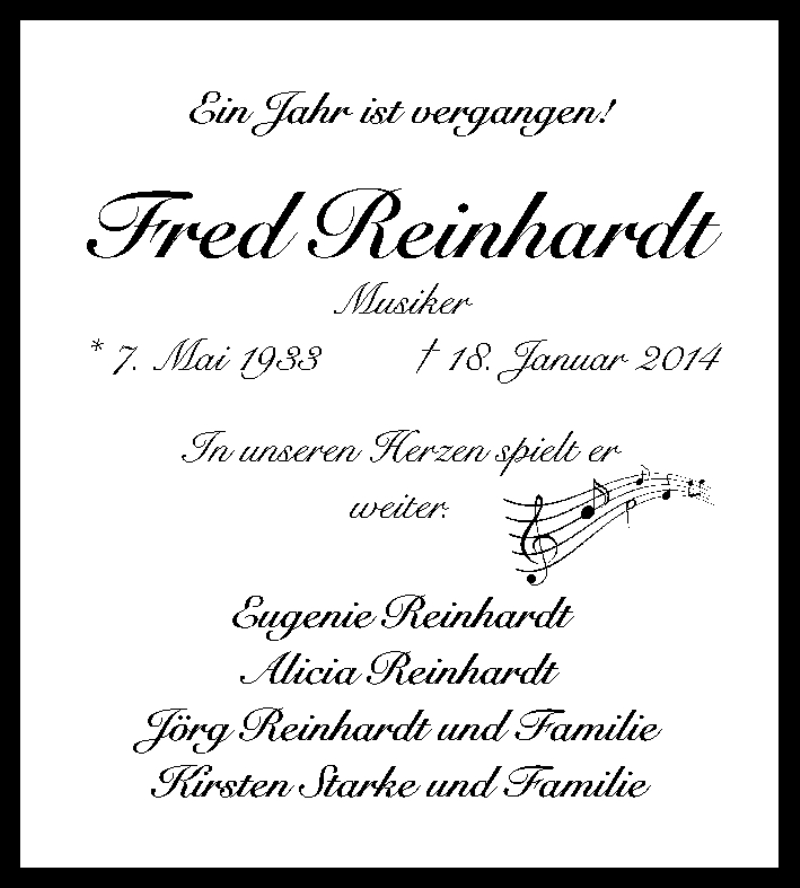  Traueranzeige für Fred Reinhardt vom 17.01.2015 aus Kölner Stadt-Anzeiger / Kölnische Rundschau / Express