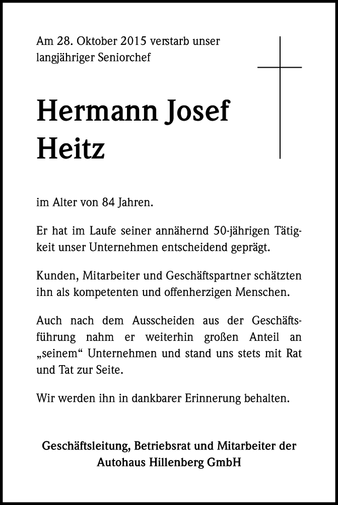  Traueranzeige für Hermann Josef Heitz vom 31.10.2015 aus Kölner Stadt-Anzeiger / Kölnische Rundschau / Express