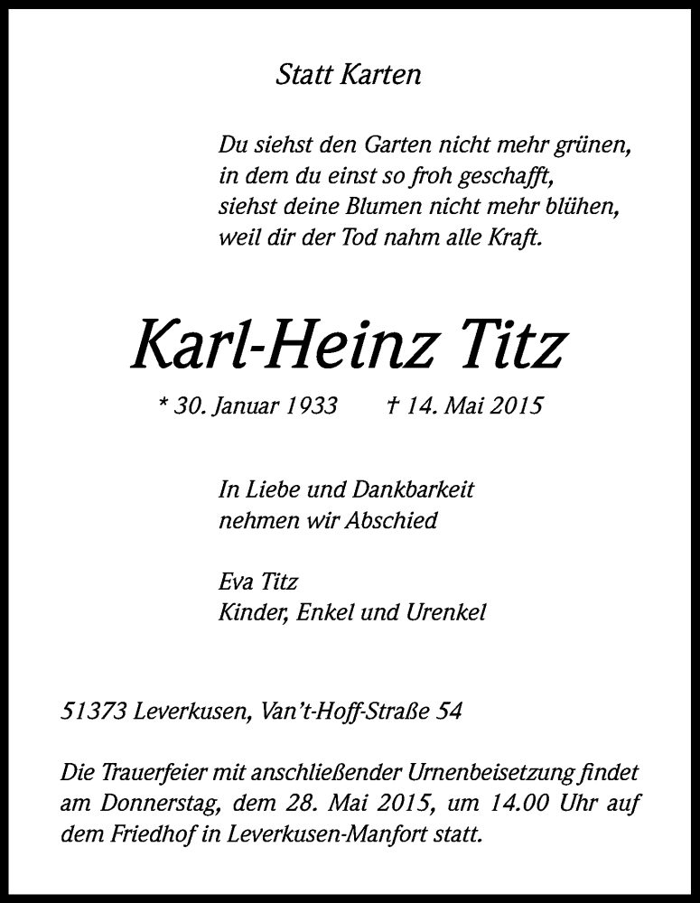  Traueranzeige für Karl-Heinz Titz vom 23.05.2015 aus Kölner Stadt-Anzeiger / Kölnische Rundschau / Express