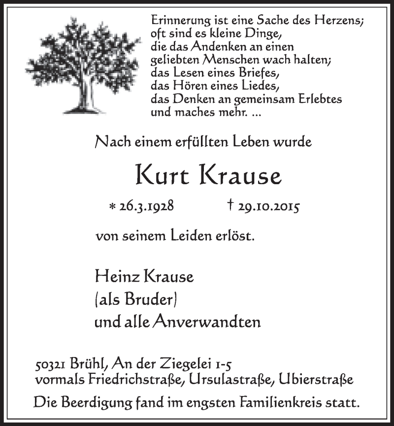  Traueranzeige für Kurt Krause vom 04.11.2015 aus  Schlossbote/Werbekurier 