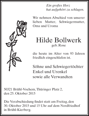 Anzeige von Hilde Bollwerk von  Schlossbote/Werbekurier 