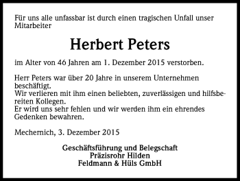Anzeige von Herbert Peters von Kölner Stadt-Anzeiger / Kölnische Rundschau / Express
