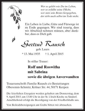 Anzeige von Gertrud Rausch von  Werbepost 