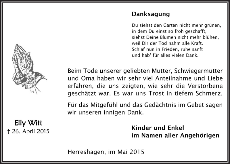  Traueranzeige für Elly Witt vom 20.05.2015 aus  Anzeigen Echo 