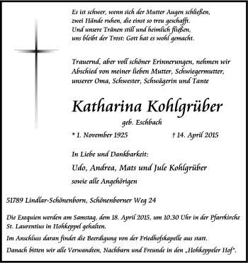 Anzeige von Katharina Kohlgrüber von Kölner Stadt-Anzeiger / Kölnische Rundschau / Express