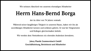 Anzeige von Hans-Bernd Borga von Kölner Stadt-Anzeiger / Kölnische Rundschau / Express