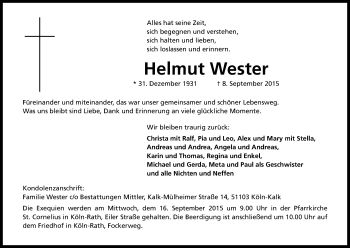Anzeige von Helmut Wester von Kölner Stadt-Anzeiger / Kölnische Rundschau / Express