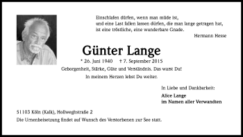 Anzeige von Günter Lange von Kölner Stadt-Anzeiger / Kölnische Rundschau / Express