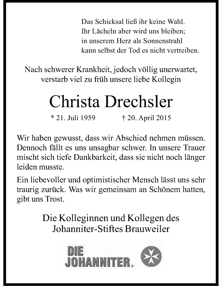  Traueranzeige für Christa Drechsler vom 25.04.2015 aus Kölner Stadt-Anzeiger / Kölnische Rundschau / Express