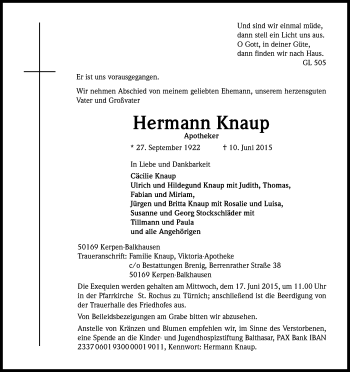 Anzeige von Hermann Knaup von Kölner Stadt-Anzeiger / Kölnische Rundschau / Express