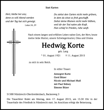 Anzeige von Hedwig Korte von Kölner Stadt-Anzeiger / Kölnische Rundschau / Express