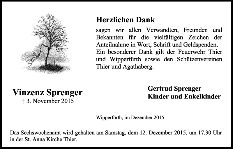  Traueranzeige für Vinzenz Sprenger vom 05.12.2015 aus Kölner Stadt-Anzeiger / Kölnische Rundschau / Express