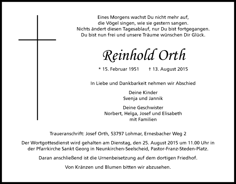  Traueranzeige für Reinhold Orth vom 19.08.2015 aus Kölner Stadt-Anzeiger / Kölnische Rundschau / Express