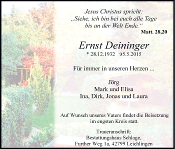 Anzeige von Ernst Deininger von Kölner Stadt-Anzeiger / Kölnische Rundschau / Express