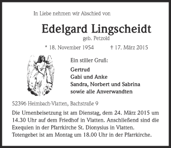 Anzeige von Edelgard Lingscheidt von  Blickpunkt Euskirchen 
