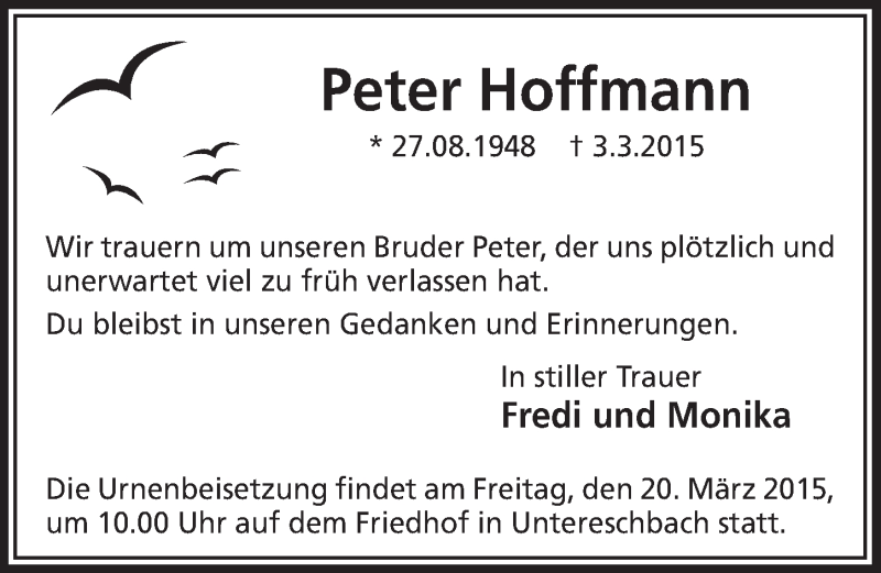  Traueranzeige für Peter Hoffmann vom 11.03.2015 aus  Bergisches Handelsblatt 