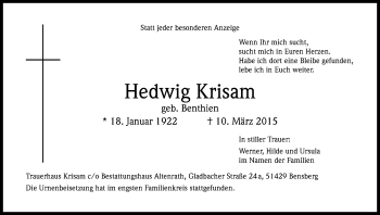 Anzeige von Hedwig Krisam von Kölner Stadt-Anzeiger / Kölnische Rundschau / Express