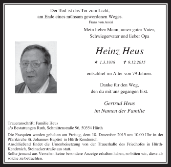Anzeige von Heinz Heus von  Wochenende 