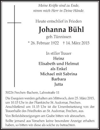 Anzeige von Johanna Bühl von  Sonntags-Post 