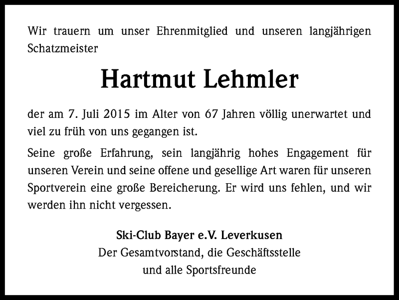 Traueranzeige für Hartmut Lehmler vom 18.07.2015 aus Kölner Stadt-Anzeiger / Kölnische Rundschau / Express