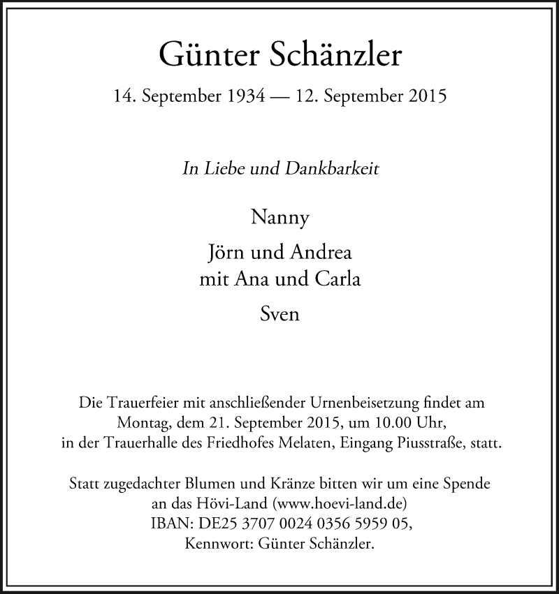  Traueranzeige für Günter Schänzler vom 19.09.2015 aus Kölner Stadt-Anzeiger / Kölnische Rundschau / Express