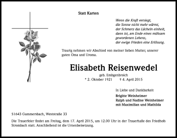 Anzeige von Elisabeth Reisenwedel von Kölner Stadt-Anzeiger / Kölnische Rundschau / Express