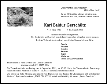 Anzeige von Karl Baldur Gerschütz von Kölner Stadt-Anzeiger / Kölnische Rundschau / Express