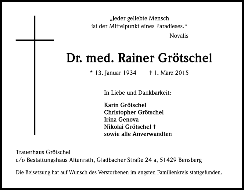  Traueranzeige für Rainer Grötschel vom 11.03.2015 aus Kölner Stadt-Anzeiger / Kölnische Rundschau / Express