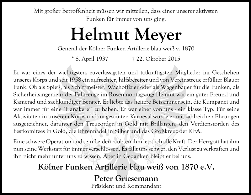  Traueranzeige für Helmut Meyer vom 28.10.2015 aus Kölner Stadt-Anzeiger / Kölnische Rundschau / Express