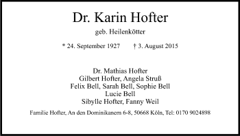 Anzeige von Karin Hofter von Kölner Stadt-Anzeiger / Kölnische Rundschau / Express