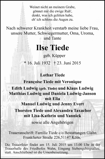 Anzeige von Ilse Tiede von  Kölner Wochenspiegel 