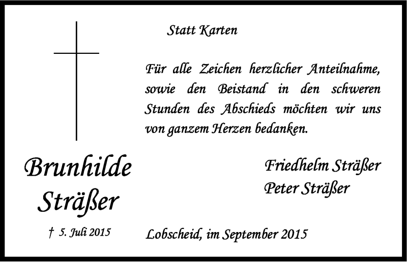  Traueranzeige für Brunhilde Sträßer vom 23.09.2015 aus Kölner Stadt-Anzeiger / Kölnische Rundschau / Express