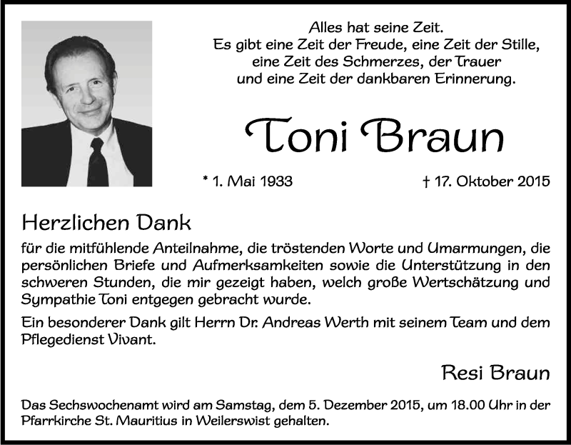  Traueranzeige für Toni Braun vom 21.11.2015 aus Kölner Stadt-Anzeiger / Kölnische Rundschau / Express