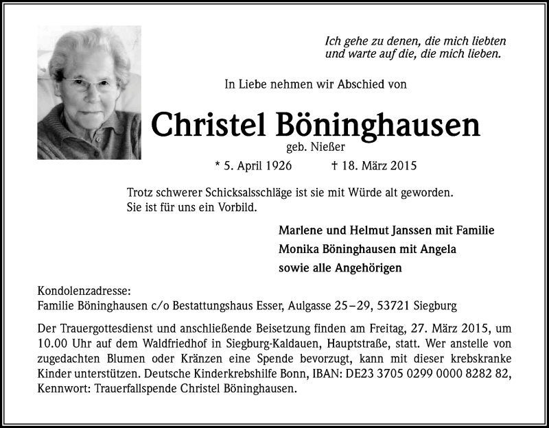  Traueranzeige für Christel Böninghausen vom 24.03.2015 aus Kölner Stadt-Anzeiger / Kölnische Rundschau / Express