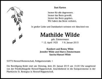Anzeige von Mathilde Wilde von Kölner Stadt-Anzeiger / Kölnische Rundschau / Express