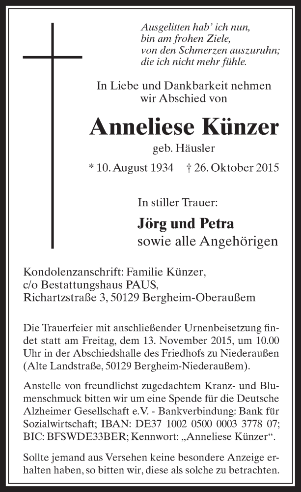  Traueranzeige für Anneliese Künzer vom 11.11.2015 aus  Werbepost 